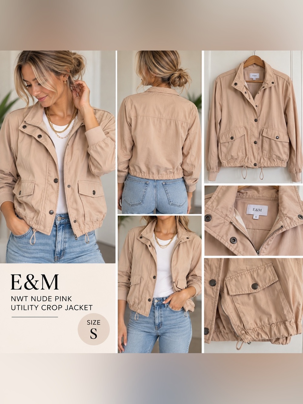 E&M NWT Nude Pink Utility Crop Jacket Size Small